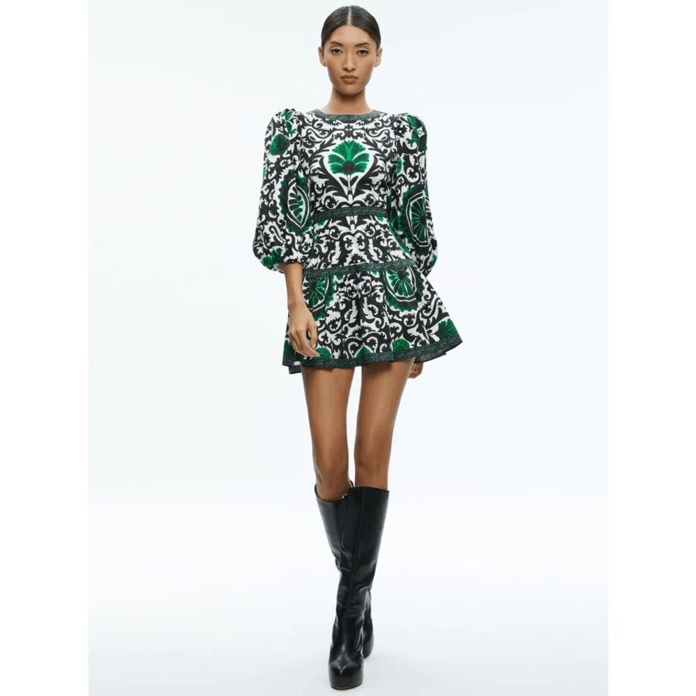 Alice + Olivia Monarch Emerald Shayla Pleated Sleeve Tiered Dress Women's 12 NWT